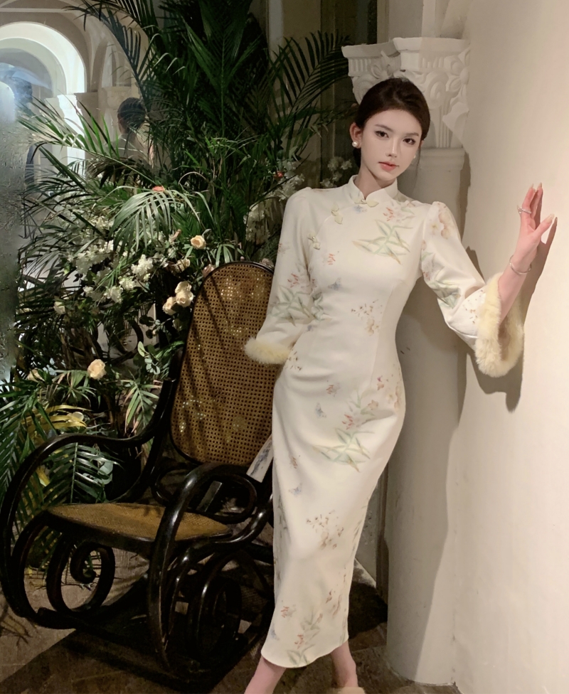 實拍幽幽百合新中式改良旗袍裙女秋冬國風女裝古風白色連衣裙