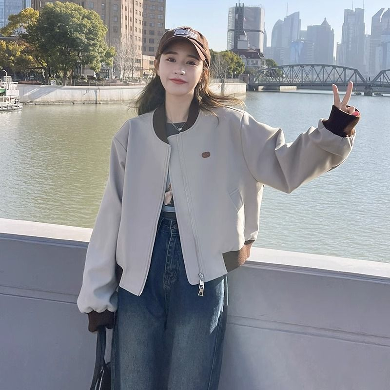 Baseball Jacket American Street Small Short Versatile Casual Contrast Color Zipper Jacket