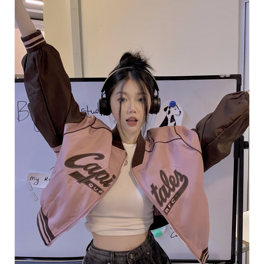 美式復古國潮拼接撞色短款棒球服秋冬長袖休閒慵懶學院外套女