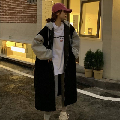 Korean chic autumn and winter new long hooded skirt jacket sherpa versatile loose fashion jacket ins trend