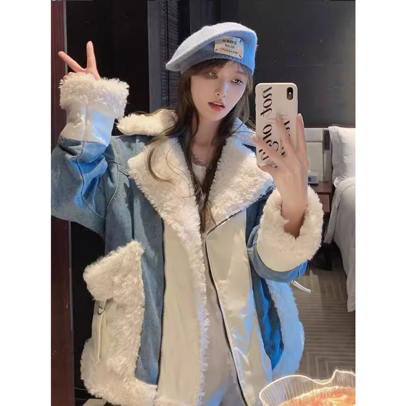 韓版秋冬季加厚羊羔毛拼接設計感外套女chic別致獨特高級感牛仔服