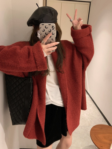 Lapel lazy style sweater cardigan jacket for women  autumn and winter new thickened loose knitted top