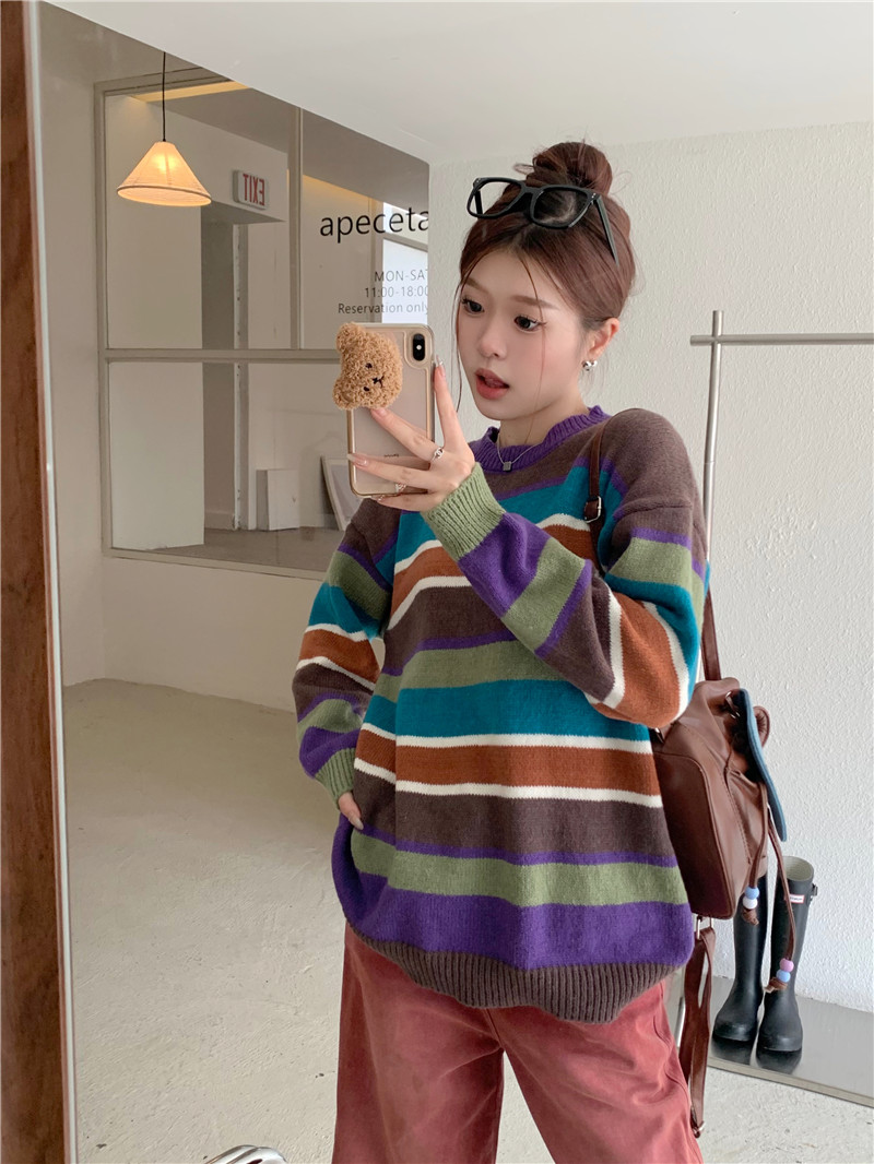 實拍 日系彩虹拼色條紋圓領套頭毛衣寬鬆針織衫上衣