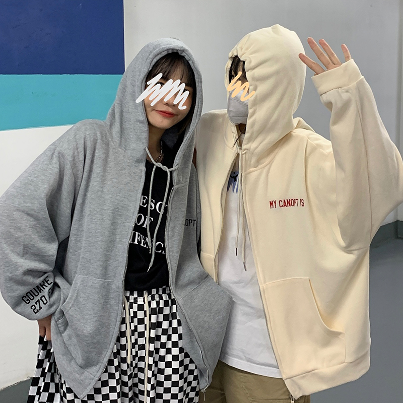 實拍拉鏈衛衣女秋冬新款寬鬆顯瘦連帽長袖加絨上衣百搭外套