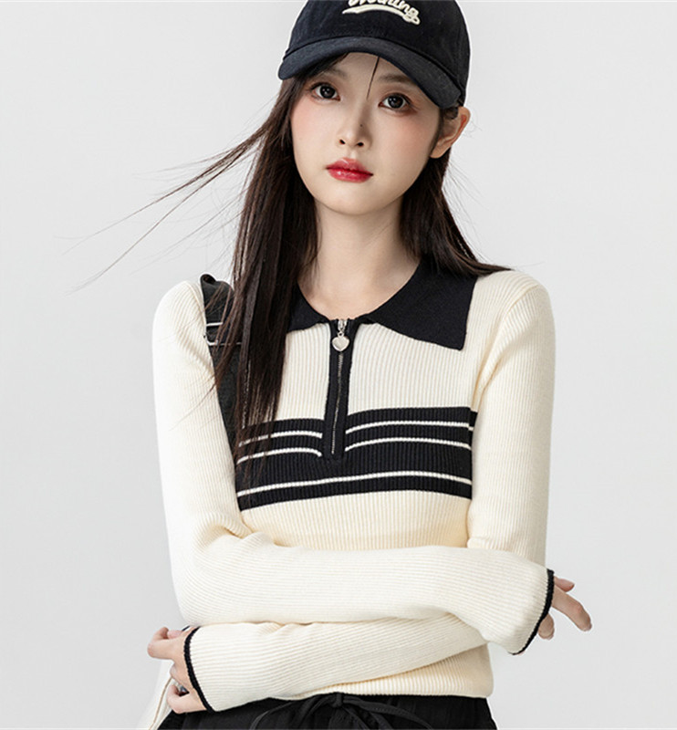 2023秋季新款撞色條紋polo領針織衫女春秋長袖半拉鏈翻領針織上衣