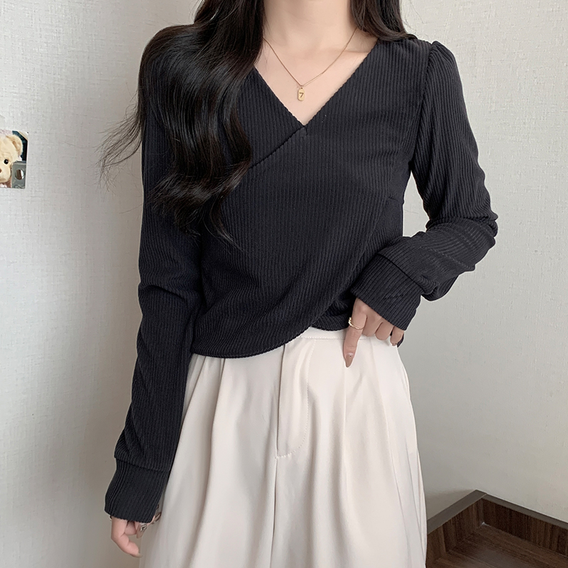 5016#實拍v領不規則正肩交叉打底衫春秋款別致上衣女短款長袖t恤