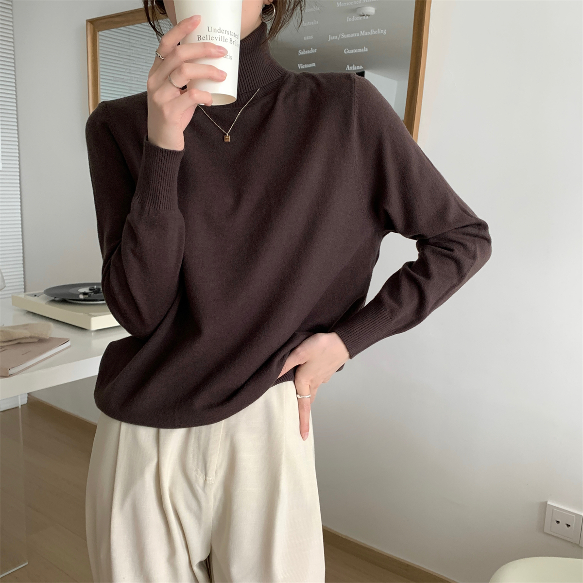 實拍 秋冬韓版百搭寬鬆高領純色內搭安迪絨針織打底衫女毛衣