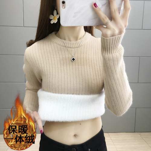 Velvet thickened round neck pullover sweater women's top autumn and winter knitted sweater  slim bottoming shirt with long sleeves for women