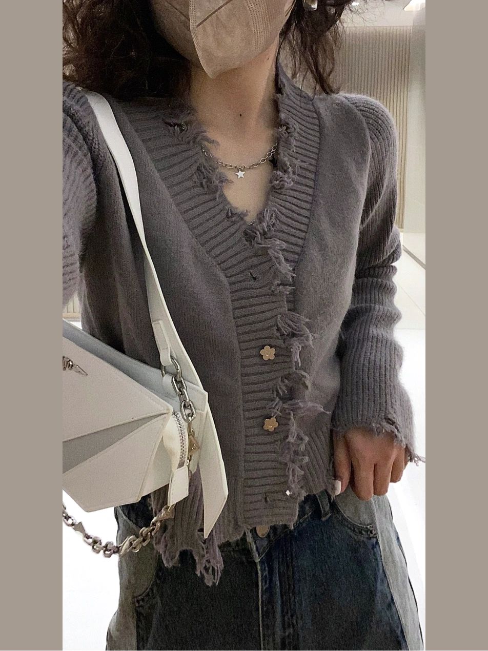 針織衫毛衣女短款秋季新款慵懶風小眾灰色寬鬆長袖上衣開衫短外套