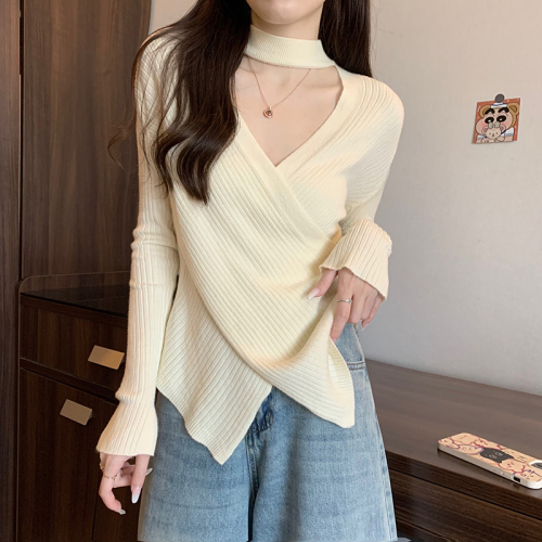 Real shot quality autumn and winter Korean version loose core-spun yarn V-neck long-sleeved top warm knitted sweater for women