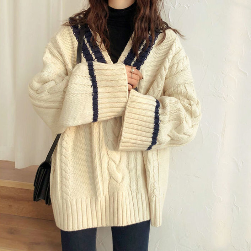 拼色加厚v領毛衣女學生秋冬學院風韓版寬鬆百搭復古麻花針織外套