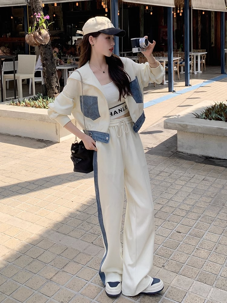 加絨拼接牛仔高級感時尚撞色開衫闊腿褲