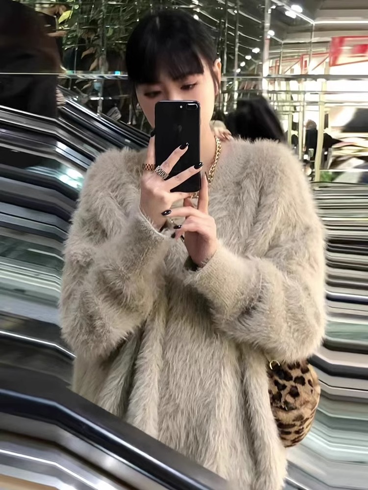 加厚水貂絨毛衣秋冬女慵懶風針織衫上衣韓系奶fufu高級感寬鬆遮肉
