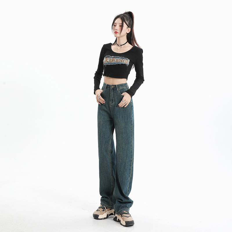 實拍2023秋季時尚復古設計感水洗紋直筒闊腿牛仔褲女九分