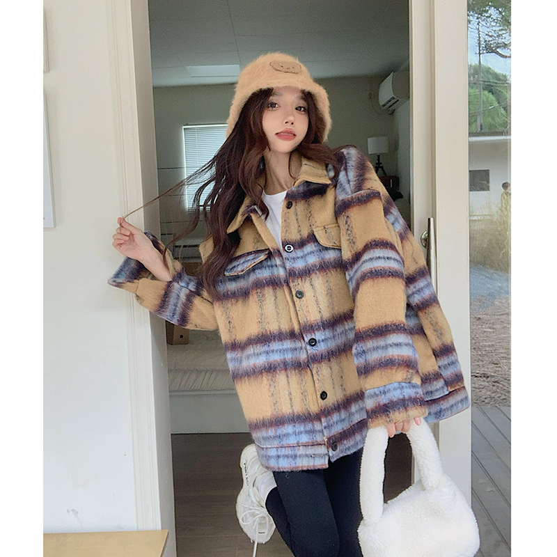 實拍  韓版chic格子毛呢外套女秋復古寬鬆顯瘦保暖上衣