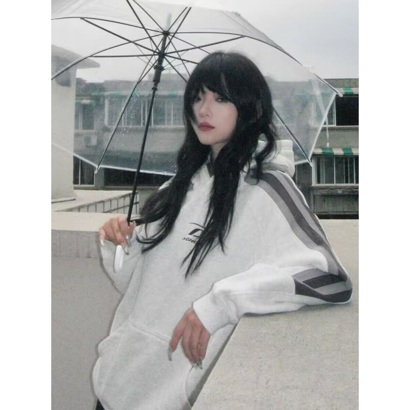 美式潮牌oversize拼接條紋連帽衛衣女秋冬加絨寬鬆情侶慵懶風外套