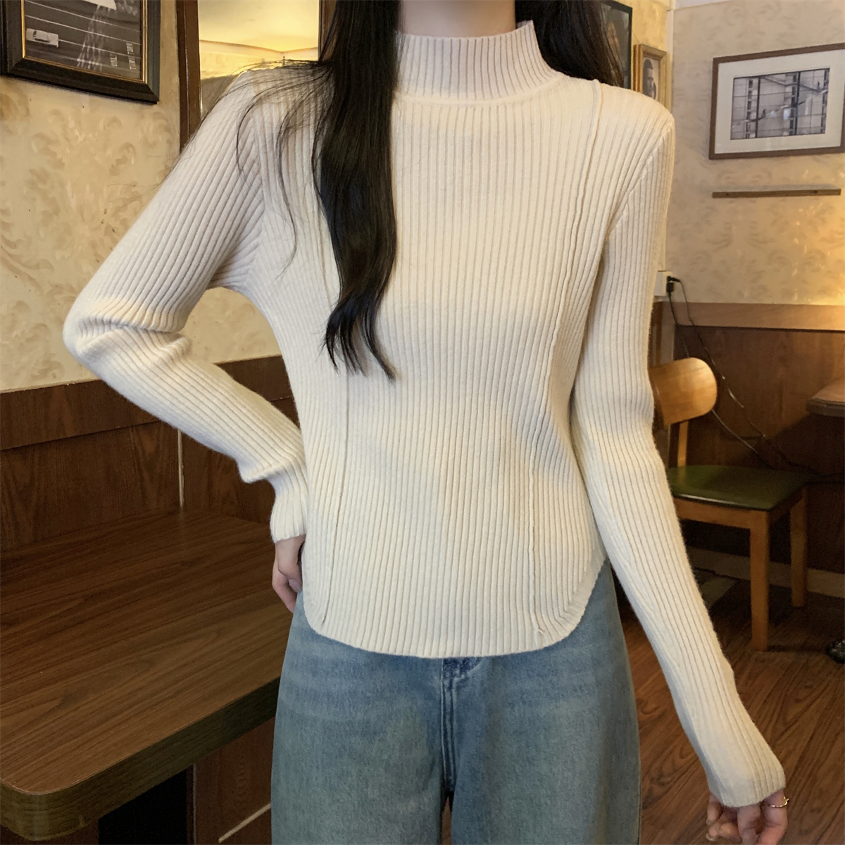 實拍 秋冬韓版百搭修身半高領魚骨設計感內搭針織打底女毛衣