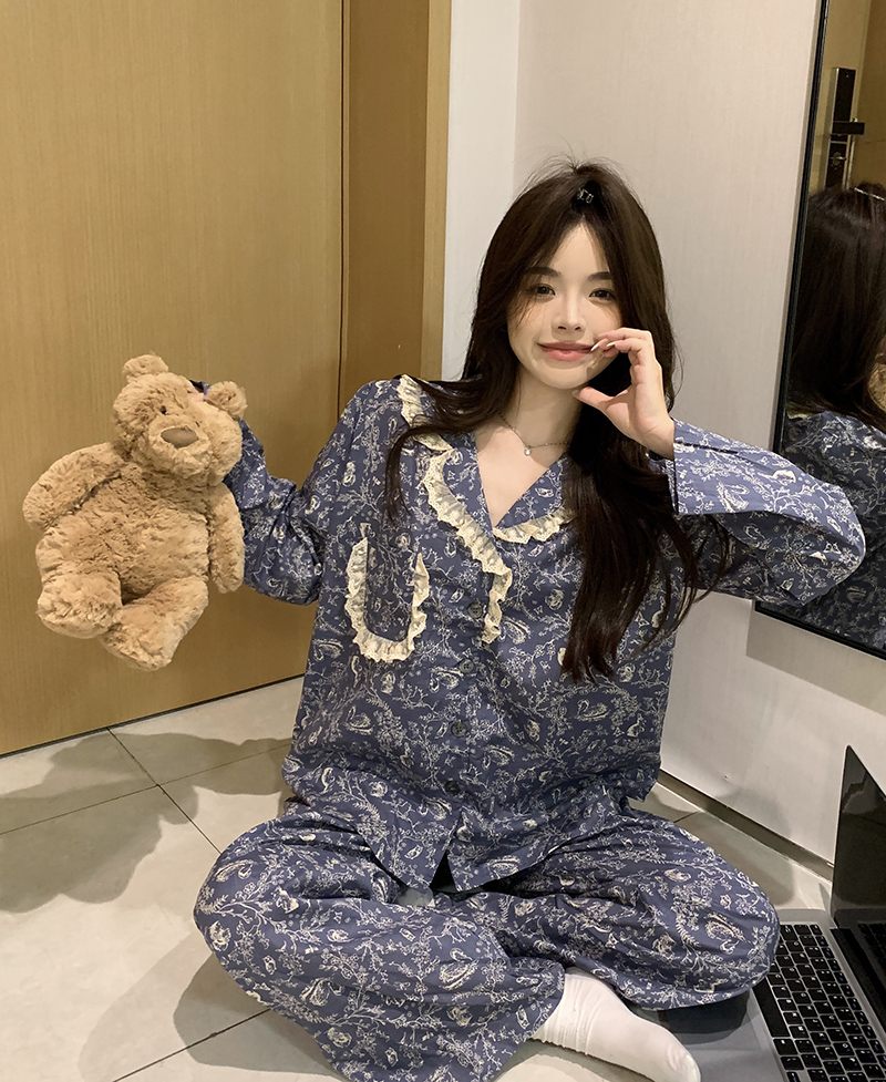 實拍  秋季新款長袖睡衣女蕾絲邊甜美碎花家居服套裝