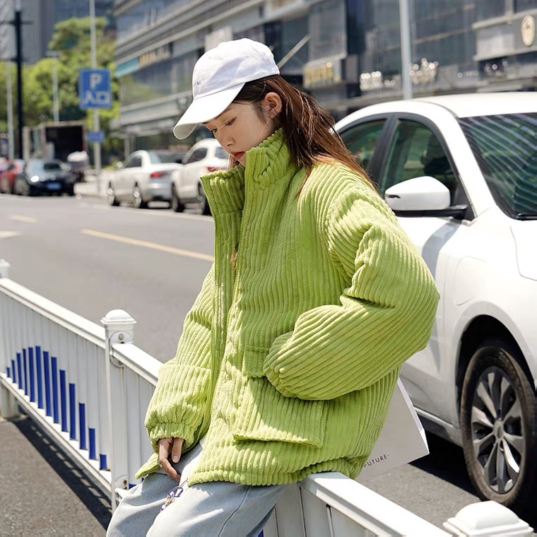 實拍2023燈芯絨復古工裝原宿風鹽系學生小眾bf羽絨棉服高領外套女