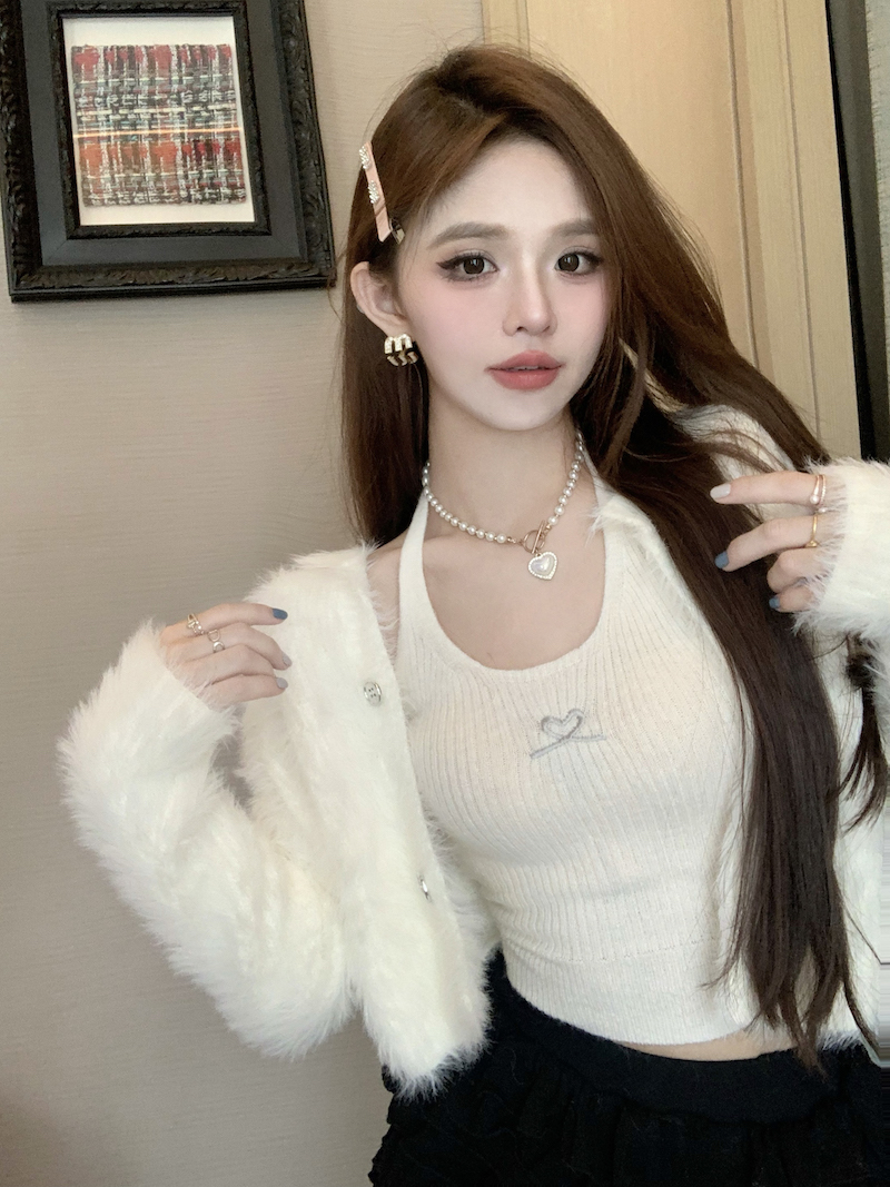 實拍 仿貂絨毛衣套裝女純欲甜辣妹性感掛脖吊帶針織開衫兩件套