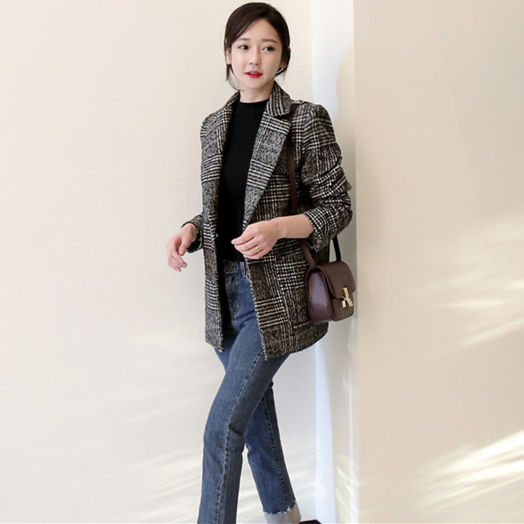 秋冬復古拼色格子休閒西服外套女2023新韓版小個子呢子小西裝上衣