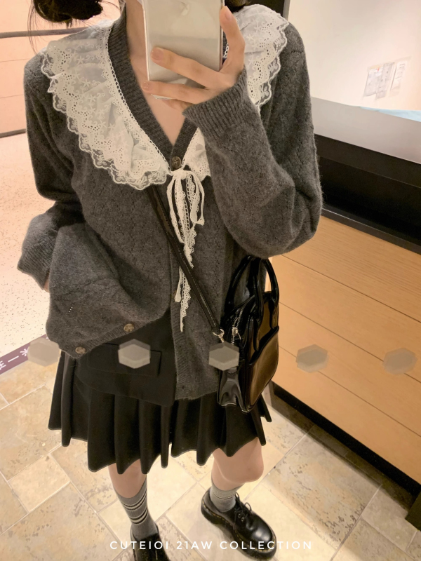 可愛手工蕾絲領針織毛衣開衫女外套秋季新款慵新款懶風短款