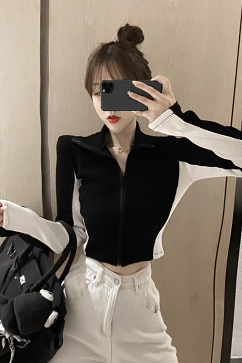 秋季小款工裝搭配 短款高腰女修身t恤長袖針織打底衫