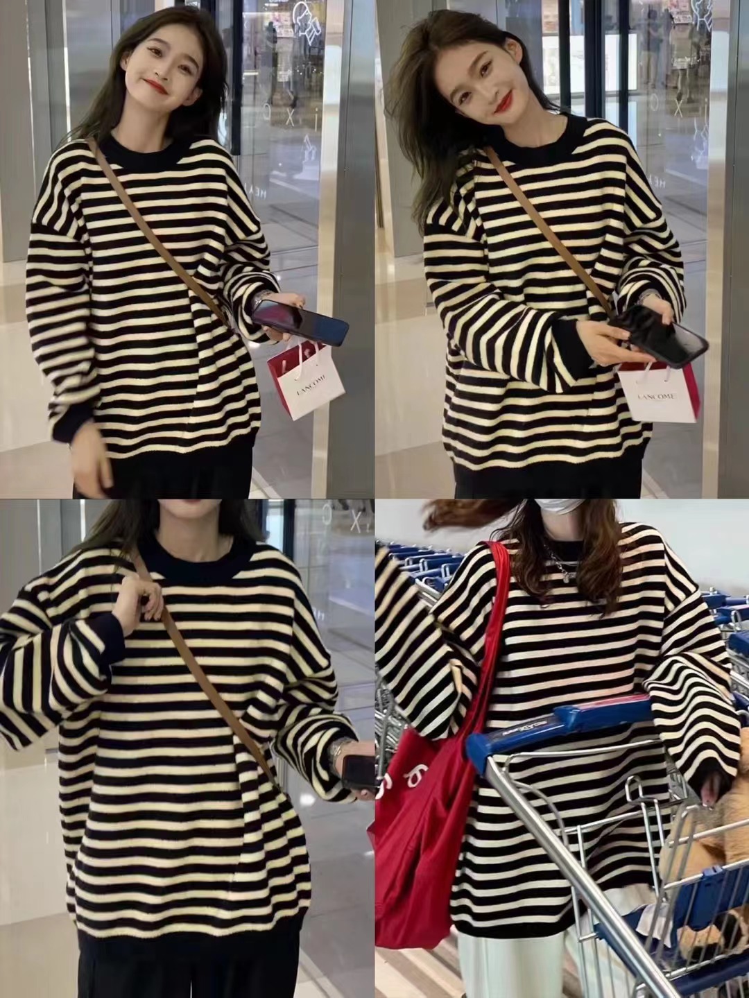Autumn and winter Korean fashion striped round neck long-sleeved sweater for women niche loose lazy style knitted sweater top