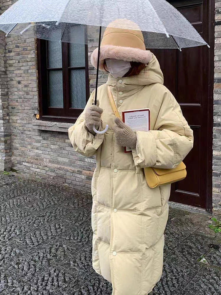 韓版連帽2023冬季新款羽絨服女中長款時尚加厚麵包服棉衣棉服
