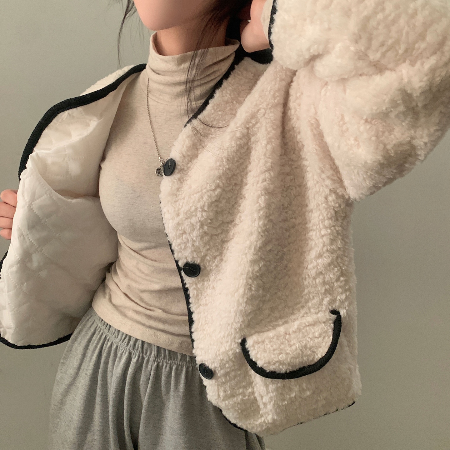 韓國chic秋冬新款 氣質毛毛夾棉加厚保暖寬鬆外套女棉衣