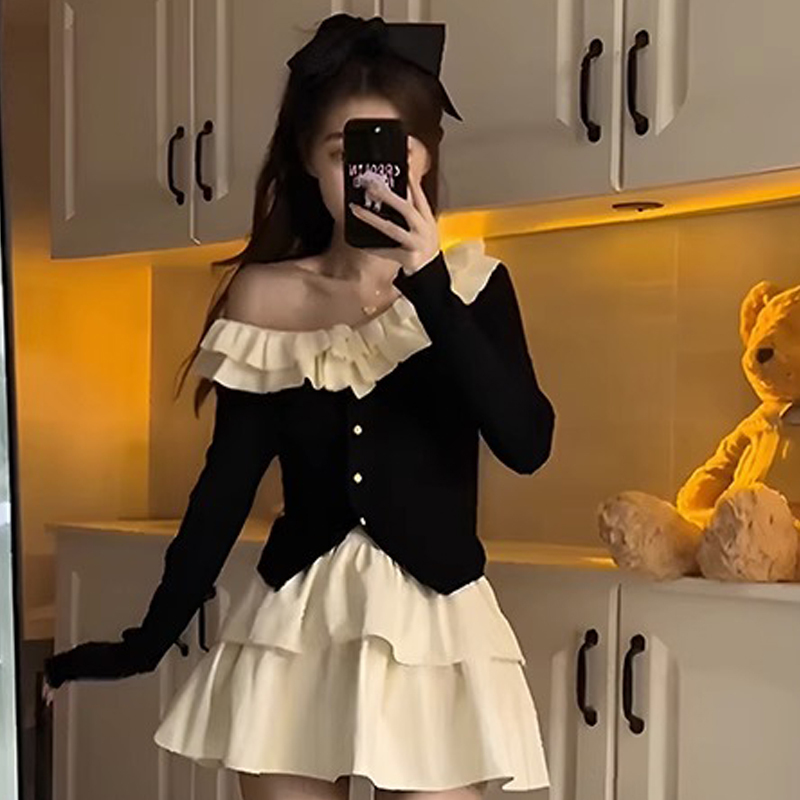 小個子茶系穿搭兩件套裝一字肩連衣裙子秋冬季2023新款女裝高級感