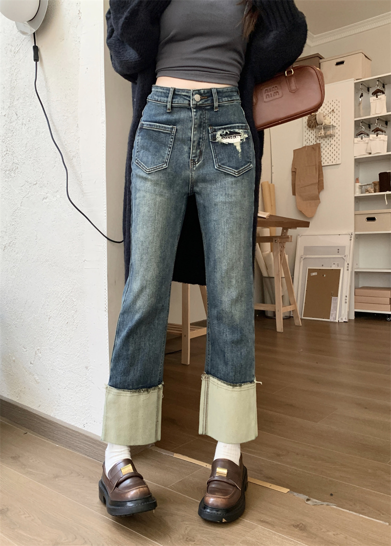 實拍 秋冬加絨加厚新款高腰寬鬆顯瘦卷邊九分牛仔褲女煙管褲