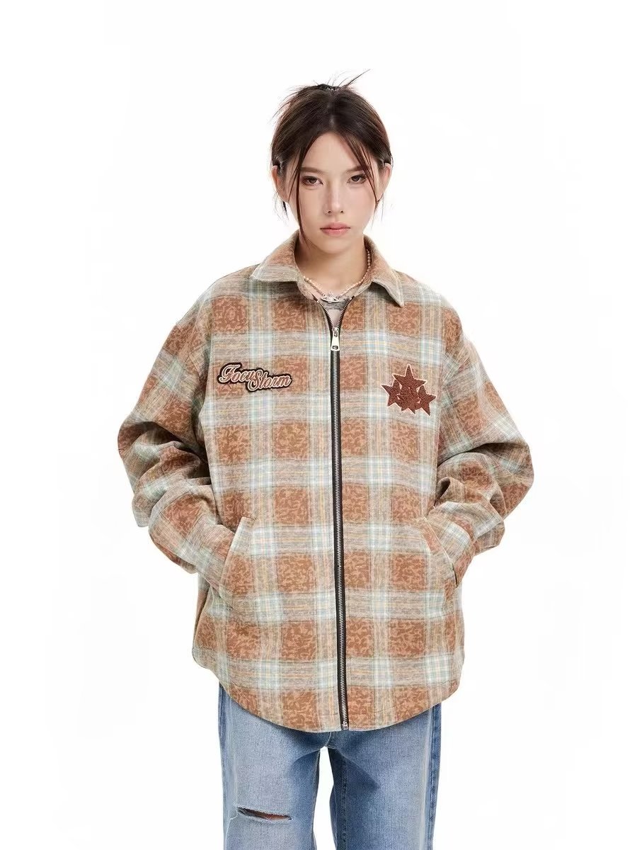 American retro plaid jacket for women spring, autumn and winter national trend couple embroidered woolen loose top