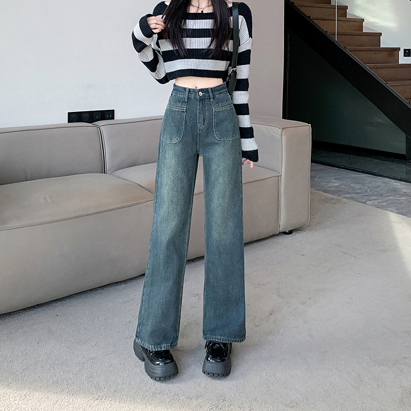 實拍~2023秋新款復古高腰直筒牛仔褲女寬鬆顯瘦垂感闊腿褲子