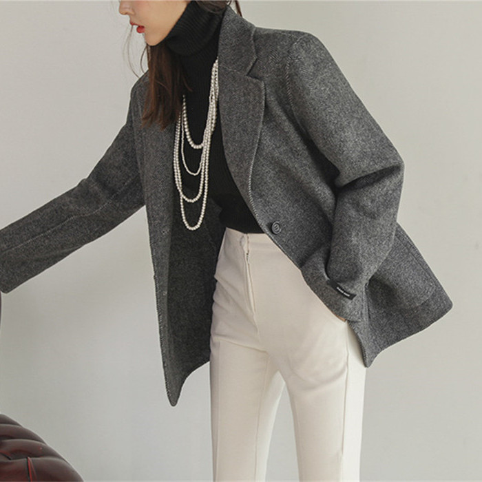人字紋雙面羊絨手工西服上衣女2023秋季新韓版進口羊毛呢外套大衣