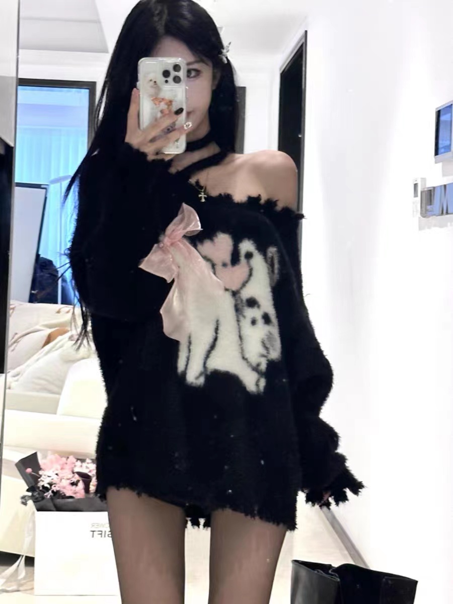 JMSHOP 天使奶貓出擊 仿貂絨毛衣寬鬆慵懶套頭蝴蝶結破洞針織衫女