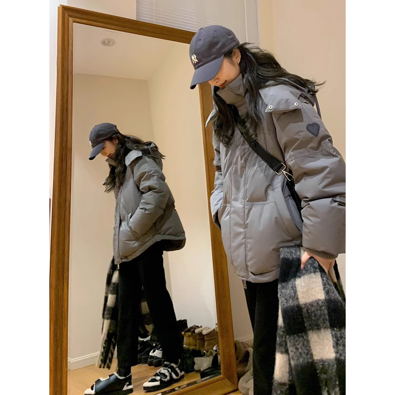 冬季加厚棉衣女韓版chic小眾別致設計感連帽外套灰色保暖麵包服
