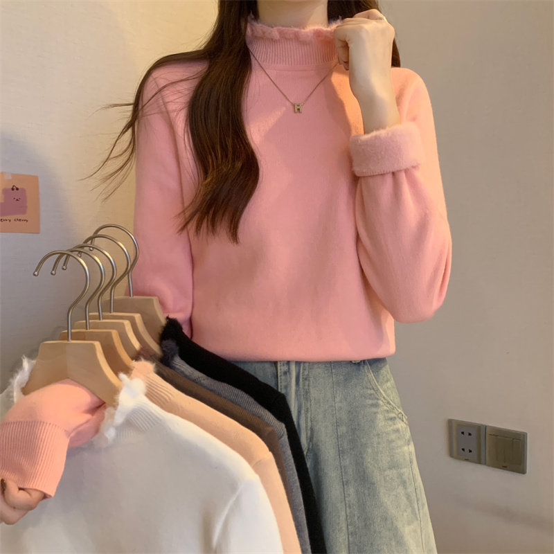 實拍 冬季韓版一體絨加厚加絨半高領木耳邊針織衫打底毛衣女