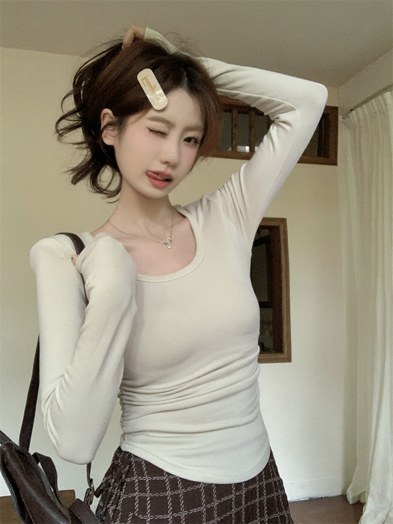 實拍 新款褶皺設計感純欲打底衫高密細絨修身上衣內搭女T