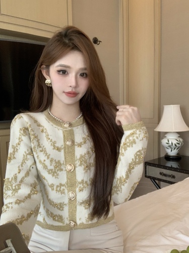 Real shot of heavy industry beading gold thread knitting socialite temperament Xiaoxiang F knitted cardigan top for women