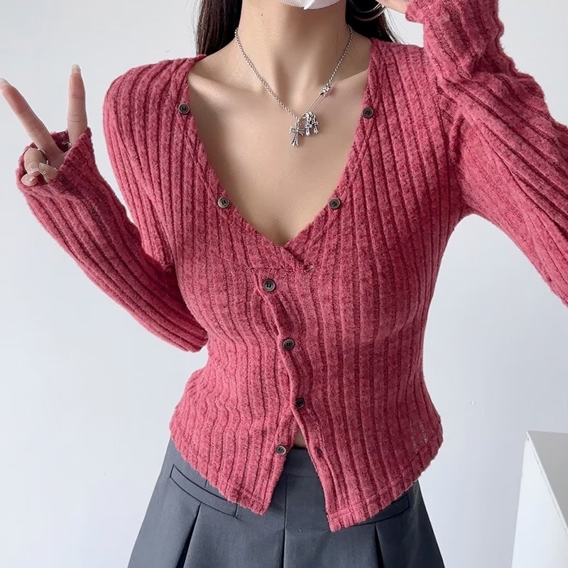 品質~純色軟糯開衫女氣質扭結單排扣V領長袖打底衫