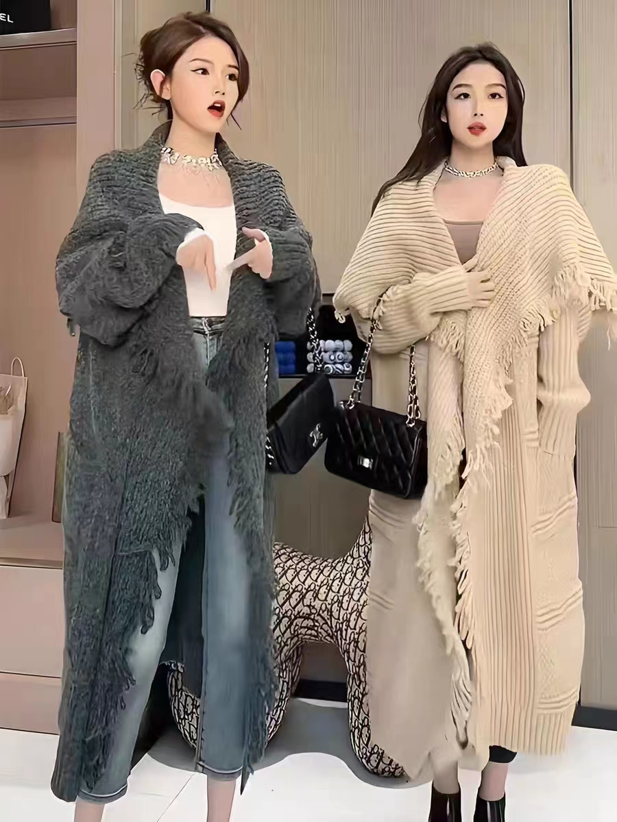 Autumn and winter Korean style tassel knitted cape shawl cardigan coat for women loose lazy style mid-length sweater