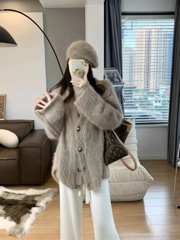 v領毛衣女秋冬外穿加厚2023新款韓版寬鬆慵懶風針織開衫外套