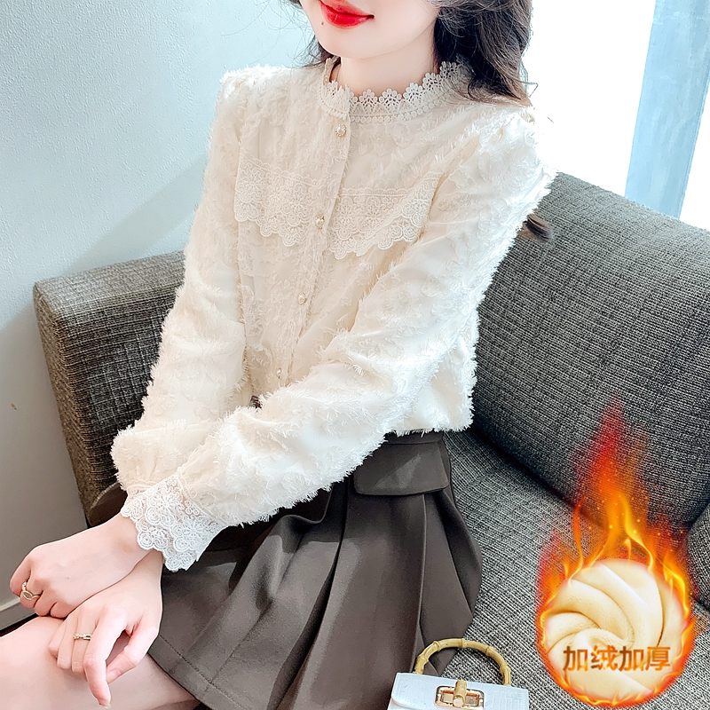 流蘇提花蕾絲打底衫秋冬2023年新款加絨內搭春秋上衣時髦洋氣時尚