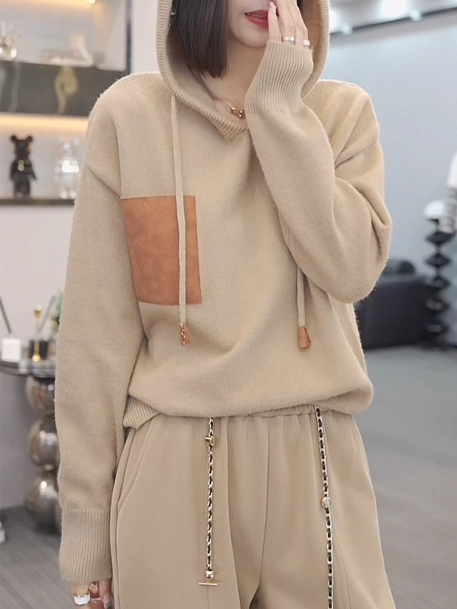歐貨寬鬆拼皮連帽毛衣女2023秋季時尚洋氣休閒設計感加厚帽衫外套
