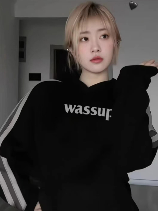 DGCR WASSUP條紋連帽衛衣女2023新款美式oversize外套國潮ins