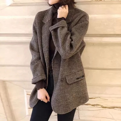 2023秋冬新款雙面羊絨大衣女小個子英倫格子西裝薄羊毛呢休閒外套