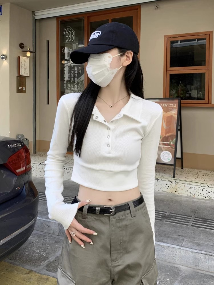 高彈1X1  甜辣風polo領長袖t恤女秋季修身短款設計感露臍打底上衣
