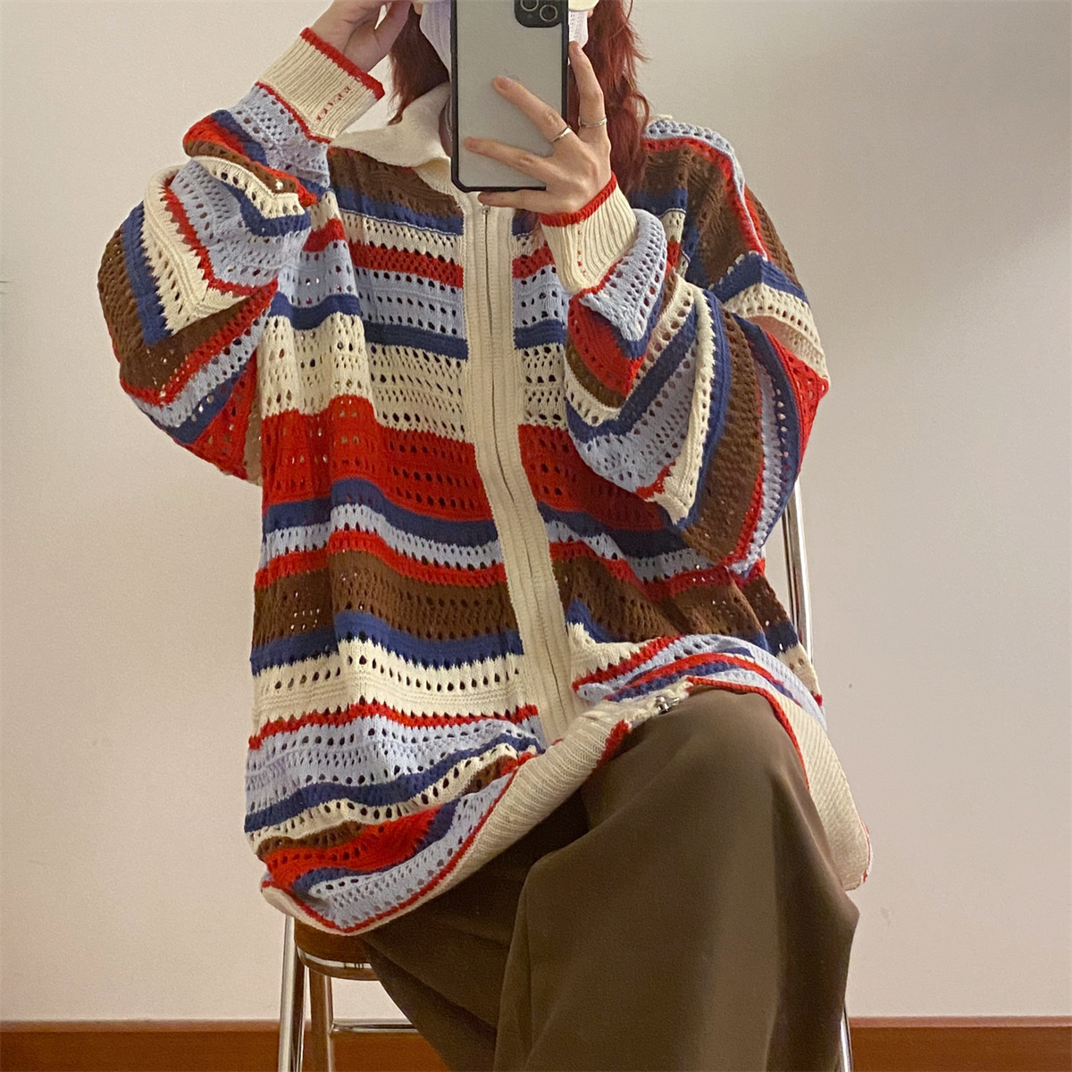 春秋寬鬆美式復古條紋polo領鏤空針織衫慵懶風開衫毛衣外套女