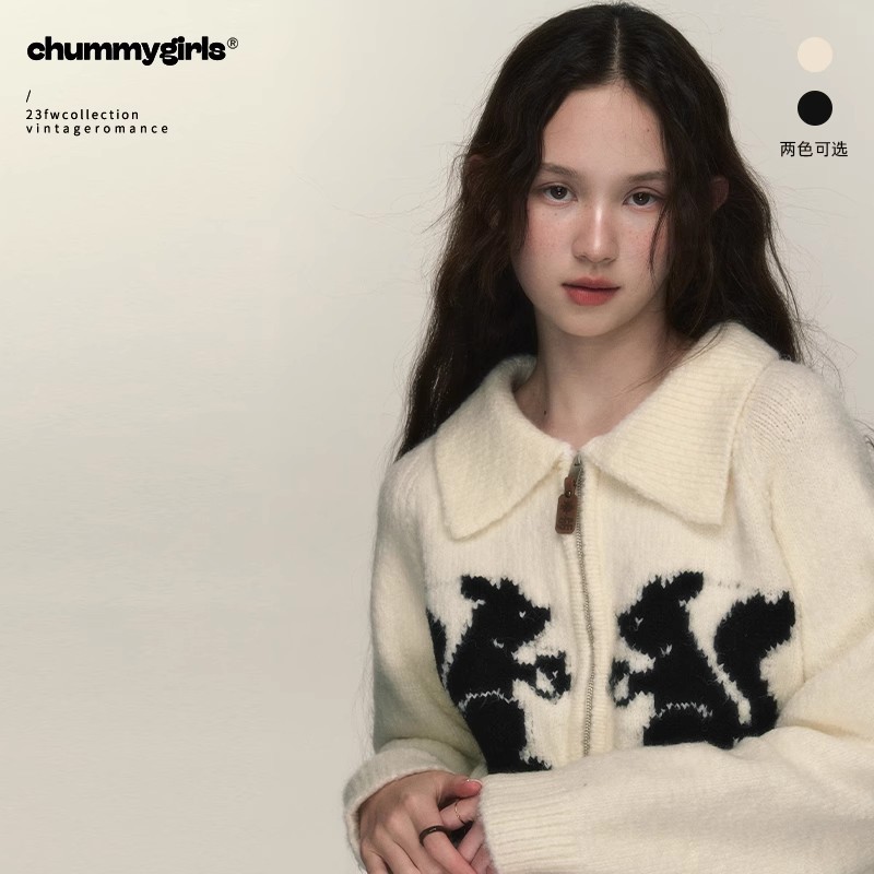 chummy 原創日系松鼠軟糯拉鏈翻領長袖針織慵懶色紡羊駝毛衣外套